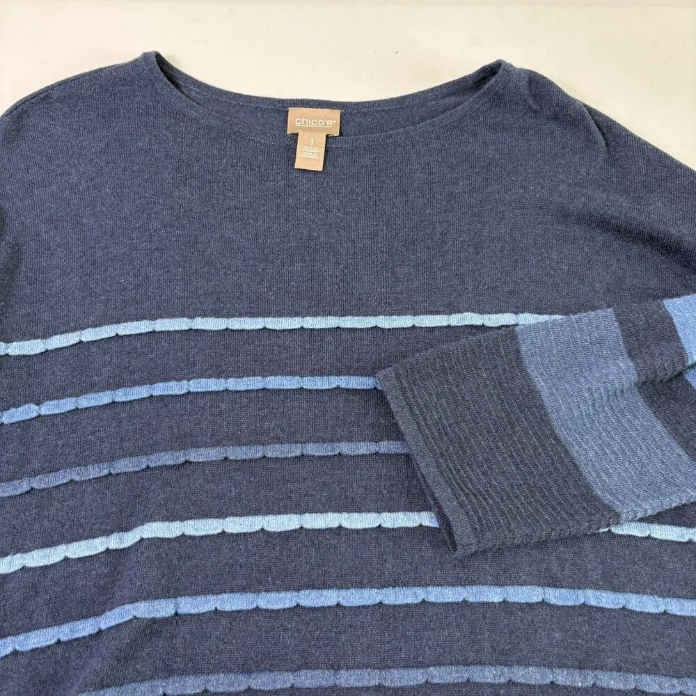 Chicos Touch of Cashmere Striped Sweater Size 1 US M 8 10 Blue Indigo Pullover